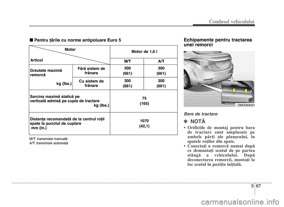 Hyundai Elantra 2015  Manualul de utilizare (in Romanian) 5 67
Co\bdusul \fehiculului
Echipamente pentru tractarea
unei remorci
Bare de tractare 
] NOTĂ
• Orificiile  de  montaj  pentru  bara
de  tractare  sunt  amplasate  pe
ambele  părți  ale  planșe