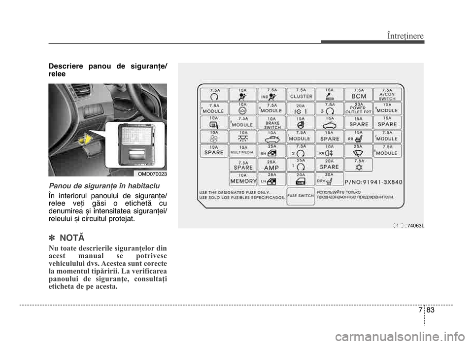 Hyundai Elantra 2015  Manualul de utilizare (in Romanian) 7 83
Întreținere
Descriere  panou  de  siguranțe\b
relee
Panou de siguranțe în habitaclu
În  interiorul  panoului  de  siguranțeȚf
relee  veți  găsi  o  etichetă  cu
denumirea  și  intensi