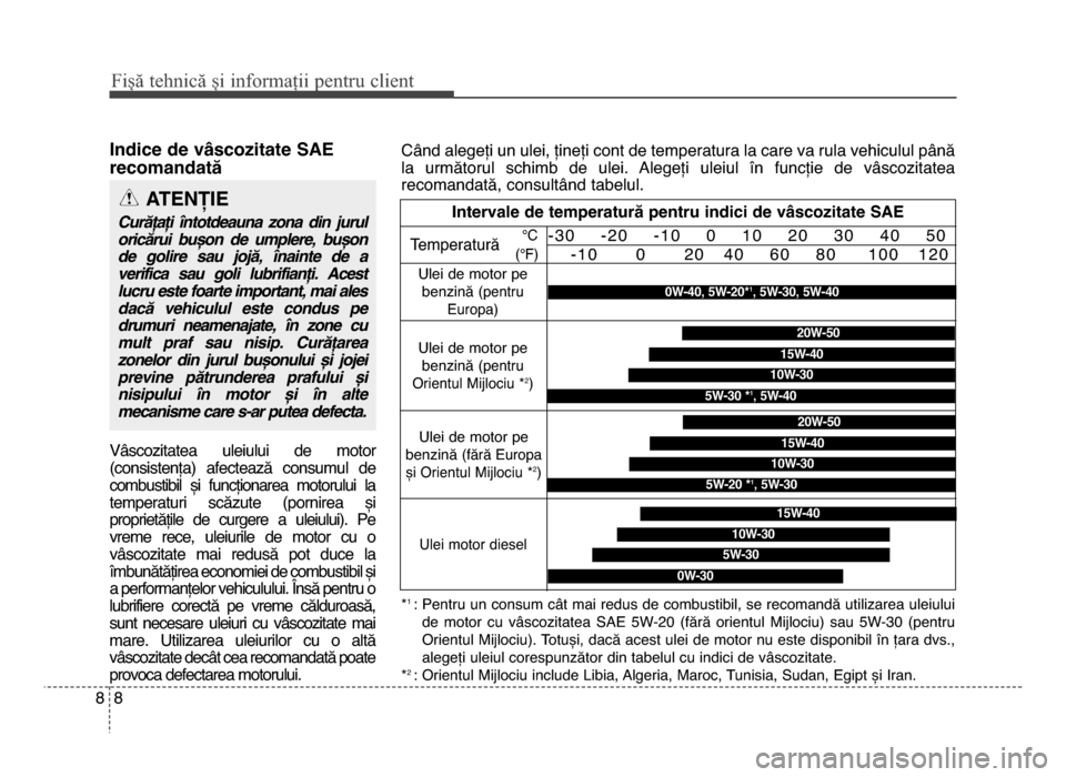 Hyundai Elantra 2015  Manualul de utilizare (in Romanian) Fișă tehnică și informații \fentru c\bient
88
indice de v>sco=itate sAe
recomandatC 
Vâscozitatea  uleiului  de  motor
(consistența)  afectează  consumul  de
combustibil  și  funcționarea  m