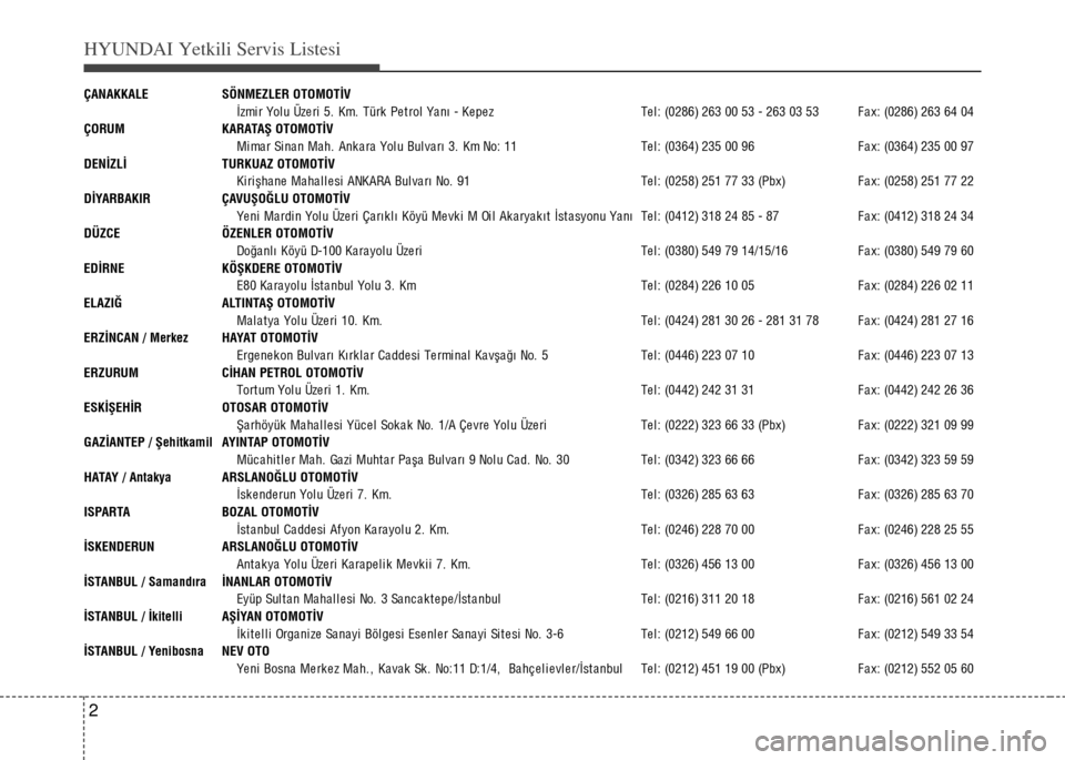 Hyundai Elantra 2015  Kullanım Kılavuzu (in Turkish) HYUNDAI Yetkili Servis Listesi
2
ÇANAKKALE SÖNMEZLER OTOMOTİV
İzmi r Yol u Üze ri  5.  Km.  Türk  Pe t rol  Ya nı  - Ke pe z Te l : (0286) 263 00 53 - 263 03 53 F a x: (0286) 263 64 04
ÇORUM K