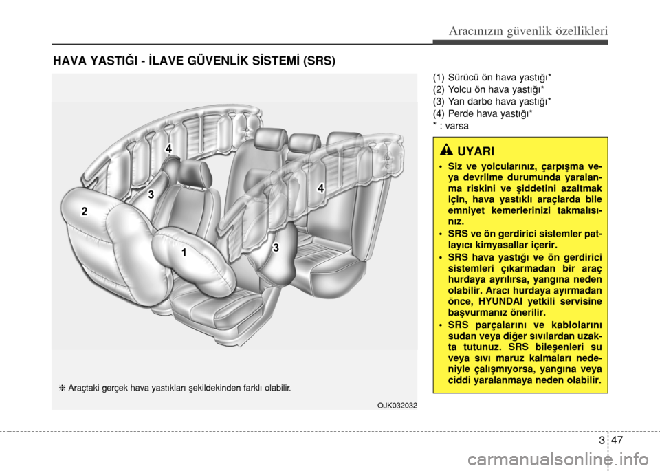 Hyundai Elantra 2015 Kullanım Kılavuzu (in Turkish) 347
Aracınızın güvenlik özellikleri
(1) Sürücü ön hava yastığı*
(2) Yolcu ön hava yastığı*
(3) Yan darbe hava yastığı*
(4) Perde hava yastığı*
* : varsa
HAVA YASTIĞI - İLAVE G Hyundai Elantra 2015 Kullanım Kılavuzu (in Turkish) 347
Aracınızın güvenlik özellikleri
(1) Sürücü ön hava yastığı*
(2) Yolcu ön hava yastığı*
(3) Yan darbe hava yastığı*
(4) Perde hava yastığı*
* : varsa
HAVA YASTIĞI - İLAVE G
