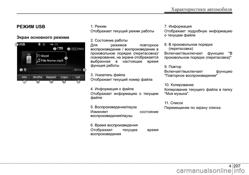 Hyundai Elantra 2015 Инструкция по эксплуатации (in Russian) 4207
Характеристики автомобиля
РЕЖИМ USB
Экран основного режима
1. Режим
Отображает текущий режим работы
2. Сост Hyundai Elantra 2015 Инструкция по эксплуатации (in Russian) 4207
Характеристики автомобиля
РЕЖИМ USB
Экран основного режима
1. Режим
Отображает текущий режим работы
2. Сост