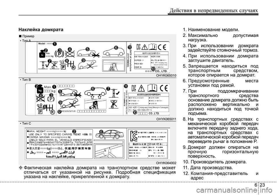 Hyundai Elantra 2015 Инструкция по эксплуатации (in Russian) 623
Действия в непредвиденных случаях
Наклейка домкрата1. Наименование модели.
2. Максимально допустимая
нагр Hyundai Elantra 2015 Инструкция по эксплуатации (in Russian) 623
Действия в непредвиденных случаях
Наклейка домкрата1. Наименование модели.
2. Максимально допустимая
нагр
