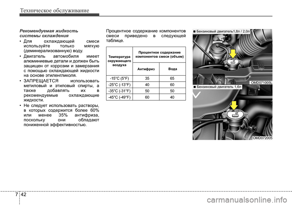 Hyundai Elantra 2015  Инструкция по эксплуатации (in Russian) Техническое обслуживание
42 7
Рекомендуемая жидкость
системы охлаждения 
• Для охлаждающей смеси
используйт