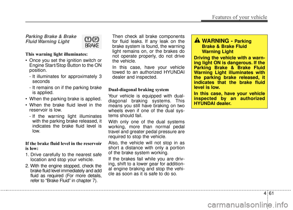 Hyundai Elantra 2014  Owners Manual 461
Features of your vehicle
Parking Brake & BrakeFluid Warning  Light
This warning light illuminates:
 Once you set the ignition switch or Engine Start/Stop Button to the ON
position.
- It illuminate