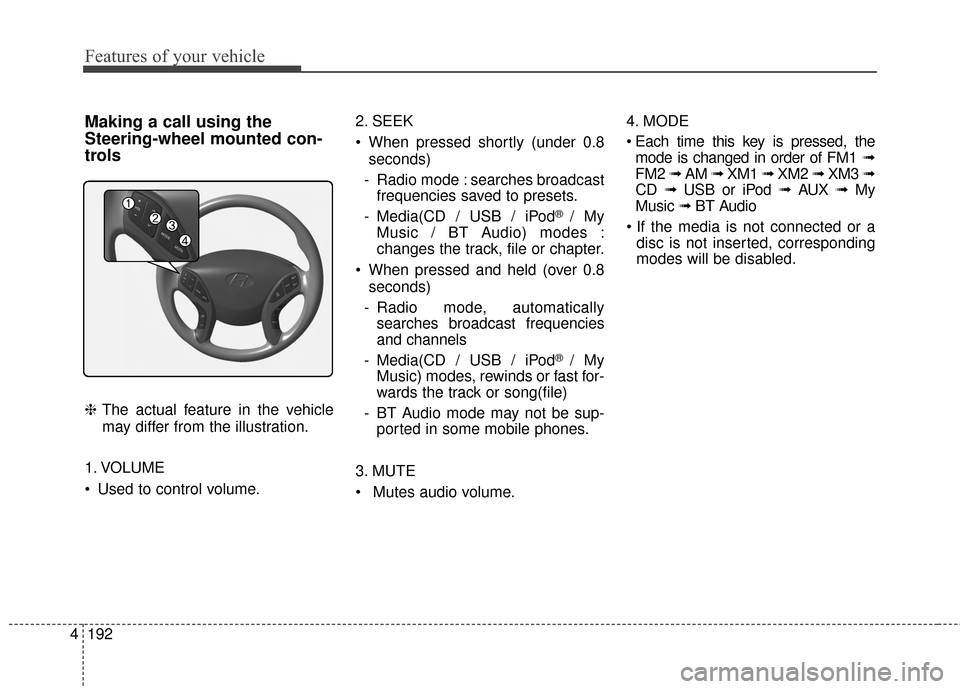 Hyundai Elantra 2014  Owners Manual Features of your vehicle
192
4
Making a call using the
Steering-wheel mounted con-
trols
❈ The actual feature in the vehicle
may differ from the illustration.
1. VOLUME
 Used to control volume. 2. S