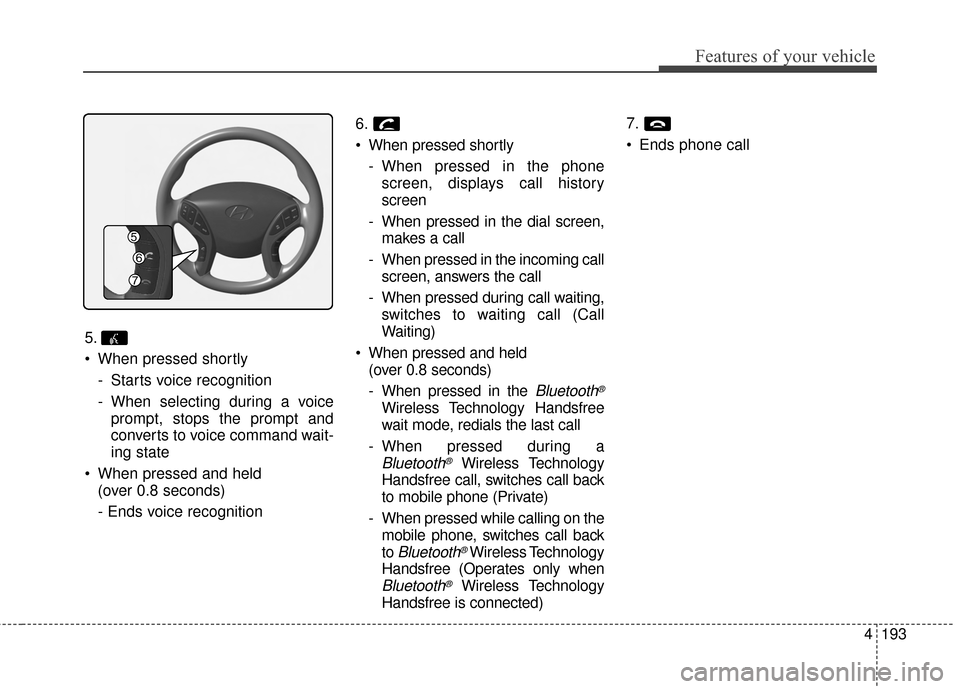 Hyundai Elantra 2014  Owners Manual 4193
Features of your vehicle
5.
 When pressed shortly- Starts voice recognition
- When selecting during a voiceprompt, stops the prompt and
converts to voice command wait-
ing state
 When pressed and