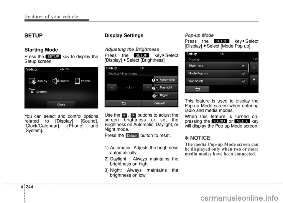 Hyundai Elantra 2014  Owners Manual Features of your vehicle
244
4
SETUP
Starting Mode
Press the  key to display the
Setup screen.
You can select and control options
related to [Display], [Sound],
[Clock/Calendar], [Phone] and
[System].