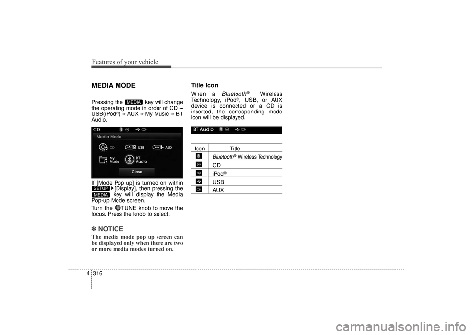 Hyundai Elantra 2014  Owners Manual Features of your vehicle
316
4
MEDIA MODE
Pressing the  key will change
the operating mode in order of CD 
➟
USB(iPod®) ➟ AUX ➟ My Music ➟BT
Audio.
If [Mode Pop up] is turned on within
[Displ
