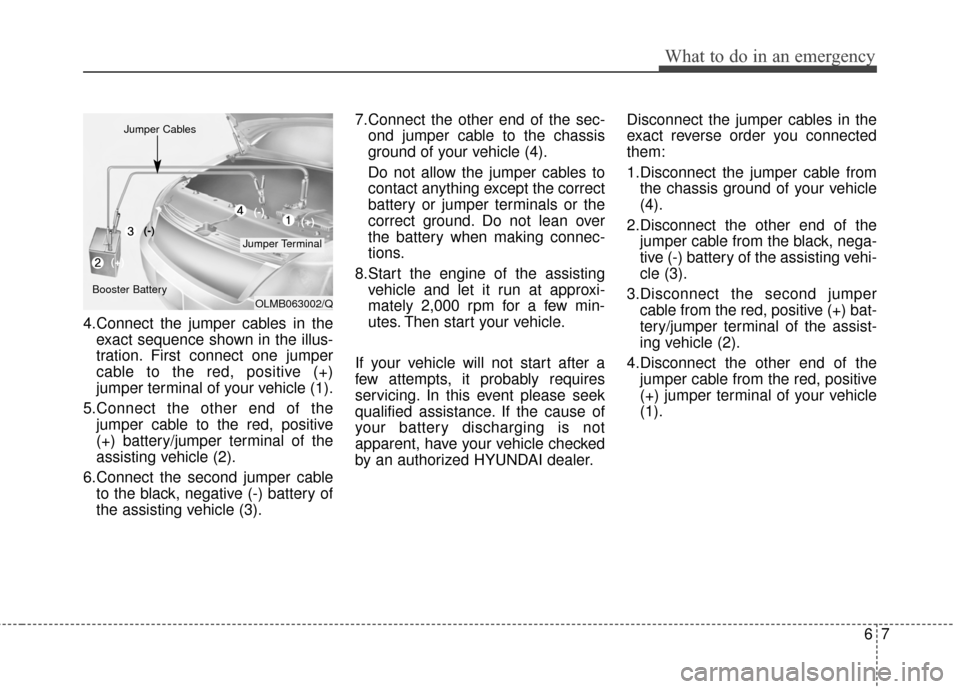 Hyundai Elantra 2014  Owners Manual 4.Connect the jumper cables in theexact sequence shown in the illus-
tration. First connect one jumper
cable to the red, positive (+)
jumper terminal of your vehicle (1).
5.Connect the other end of th