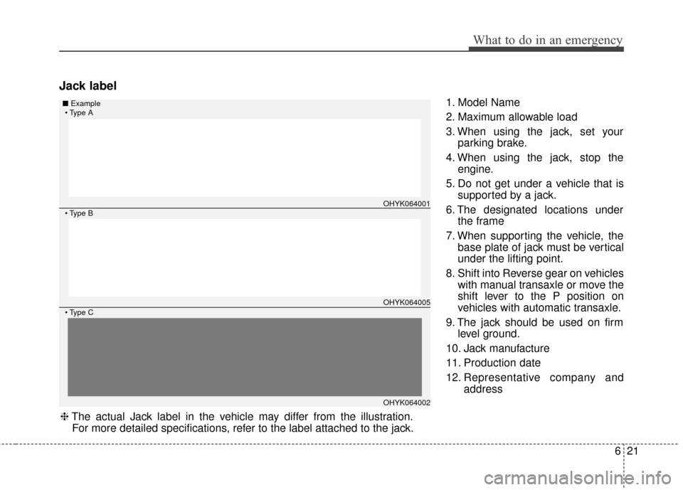 Hyundai Elantra 2014  Owners Manual 621
What to do in an emergency
Jack label
1. Model Name
2. Maximum allowable load
3. When using the jack, set yourparking brake.
4. When using the jack, stop the engine.
5. Do not get under a vehicle 