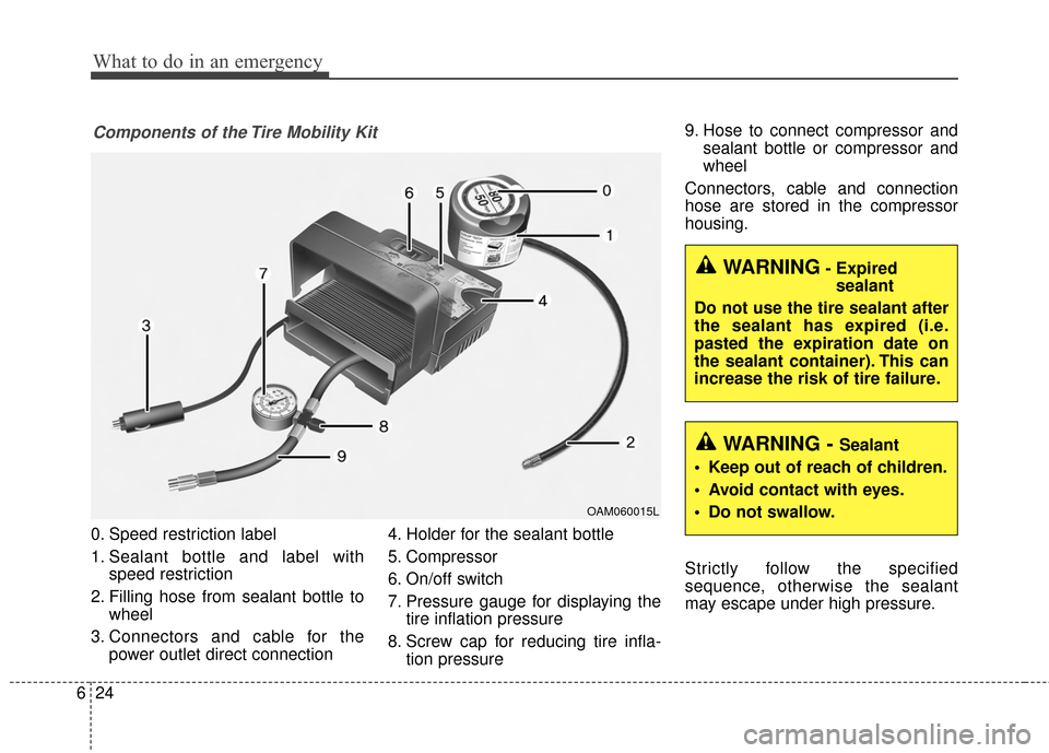Hyundai Elantra 2014 Owners Manual What to do in an emergency
24
6
0. Speed restriction label
1. Sealant bottle and label with
speed restriction
2. Filling hose from sealant bottle to wheel
3. Connectors and cable for the power outlet Hyundai Elantra 2014 Owners Manual What to do in an emergency
24
6
0. Speed restriction label
1. Sealant bottle and label with
speed restriction
2. Filling hose from sealant bottle to wheel
3. Connectors and cable for the power outlet