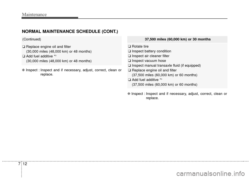 Hyundai Elantra 2014 Owners Manual Maintenance
12
7
NORMAL MAINTENANCE SCHEDULE (CONT.)
(Continued)
❑ Replace engine oil and filter
(30,000 miles (48,000 km) or 48 months)
❑ Add fuel additive *
3
(30,000 miles (48,000 km) or 48 mo Hyundai Elantra 2014 Owners Manual Maintenance
12
7
NORMAL MAINTENANCE SCHEDULE (CONT.)
(Continued)
❑ Replace engine oil and filter
(30,000 miles (48,000 km) or 48 months)
❑ Add fuel additive *
3
(30,000 miles (48,000 km) or 48 mo