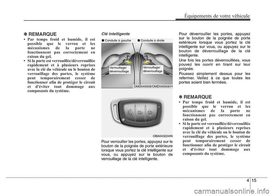 Hyundai Elantra 2014 Manuel du propriétaire (in French) 415
Équipements de votre véhicule
✽REMARQUE
• Par temps froid et humide, il est
possible que le verrou et les
mécanismes de la porte ne
fonctionnent pas correctement en
raison du gel.
• Si la Hyundai Elantra 2014 Manuel du propriétaire (in French) 415
Équipements de votre véhicule
✽REMARQUE
• Par temps froid et humide, il est
possible que le verrou et les
mécanismes de la porte ne
fonctionnent pas correctement en
raison du gel.
• Si la