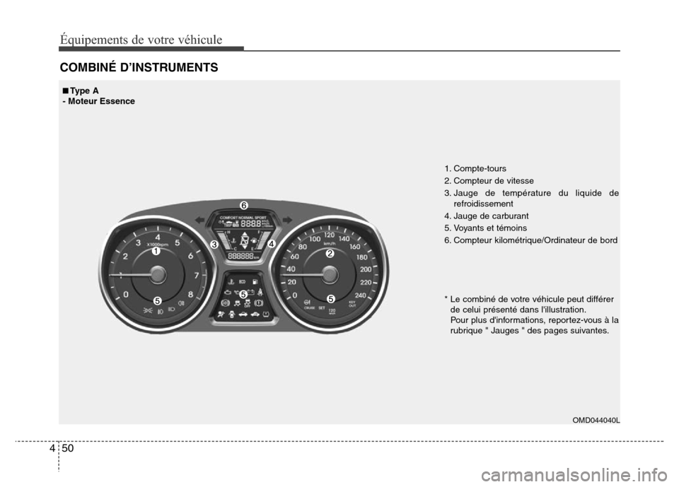 Hyundai Elantra 2014 Manuel du propriétaire (in French) Équipements de votre véhicule
50 4
COMBINÉ D’INSTRUMENTS
OMD044040L
■■Type A
- Moteur Essence
1. Compte-tours
2. Compteur de vitesse
3. Jauge de température du liquide de
refroidissement
4. Hyundai Elantra 2014 Manuel du propriétaire (in French) Équipements de votre véhicule
50 4
COMBINÉ D’INSTRUMENTS
OMD044040L
■■Type A
- Moteur Essence
1. Compte-tours
2. Compteur de vitesse
3. Jauge de température du liquide de
refroidissement
4.