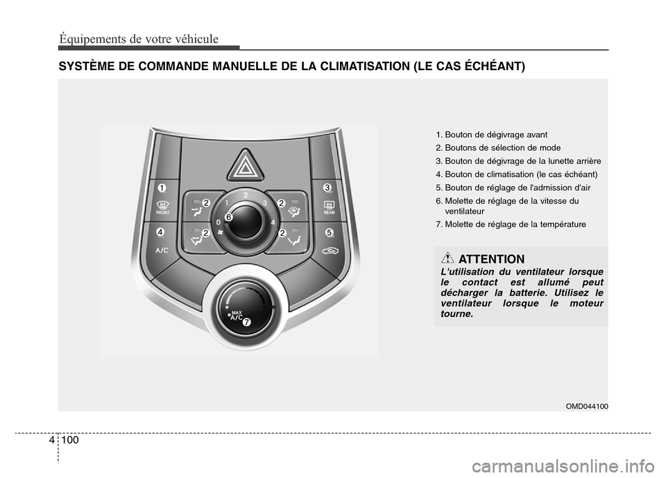 Hyundai Elantra 2014 Manuel du propriétaire (in French) Équipements de votre véhicule
100 4
SYSTÈME DE COMMANDE MANUELLE DE LA CLIMATISATION (LE CAS ÉCHÉANT)
1. Bouton de dégivrage avant
2. Boutons de sélection de mode
3. Bouton de dégivrage de la Hyundai Elantra 2014 Manuel du propriétaire (in French) Équipements de votre véhicule
100 4
SYSTÈME DE COMMANDE MANUELLE DE LA CLIMATISATION (LE CAS ÉCHÉANT)
1. Bouton de dégivrage avant
2. Boutons de sélection de mode
3. Bouton de dégivrage de la