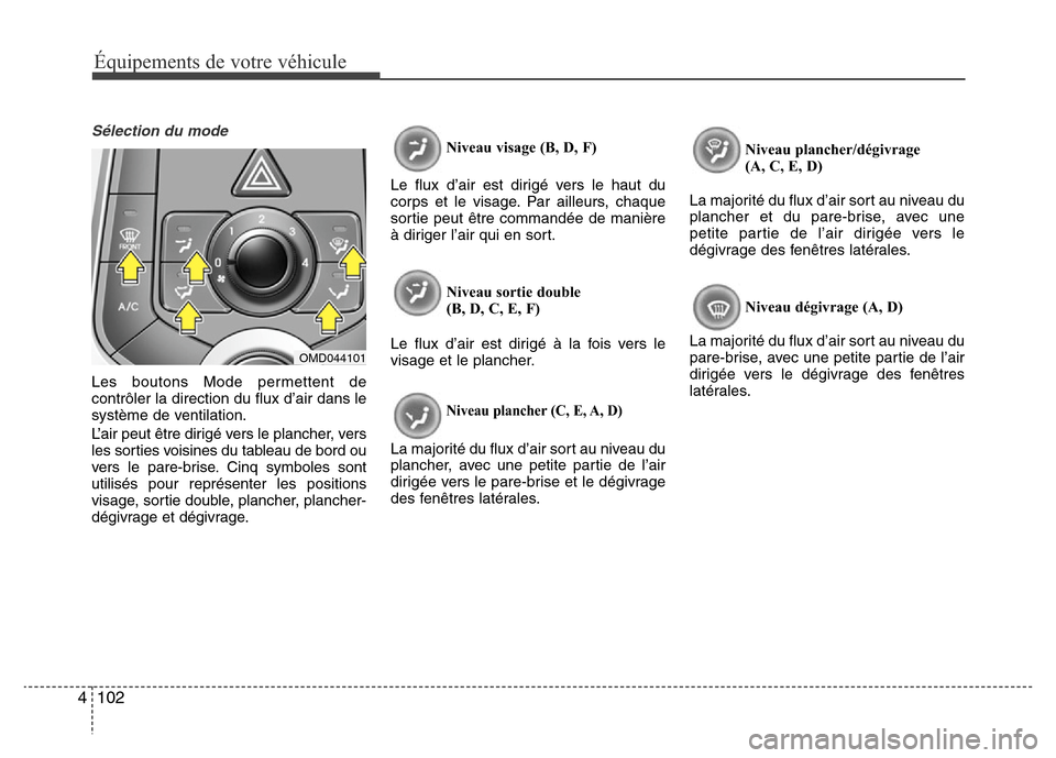 Hyundai Elantra 2014 Manuel du propriétaire (in French) Équipements de votre véhicule
102 4
Sélection du mode
Les boutons Mode permettent de
contrôler la direction du flux d’air dans le
système de ventilation.
L’air peut être dirigé vers le plan Hyundai Elantra 2014 Manuel du propriétaire (in French) Équipements de votre véhicule
102 4
Sélection du mode
Les boutons Mode permettent de
contrôler la direction du flux d’air dans le
système de ventilation.
L’air peut être dirigé vers le plan