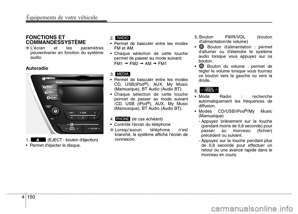 Hyundai Elantra 2014 Manuel du propriétaire (in French) 150 4
Équipements de votre véhicule
FONCTIONS ET
COMMANDESSYSTÈME
❈Lécran et les paramètres
peuventvarier en fonction du système
audio.
Autoradio
1. (EJECT - bouton déjection)
• Permet d Hyundai Elantra 2014 Manuel du propriétaire (in French) 150 4
Équipements de votre véhicule
FONCTIONS ET
COMMANDESSYSTÈME
❈Lécran et les paramètres
peuventvarier en fonction du système
audio.
Autoradio
1. (EJECT - bouton déjection)
• Permet d