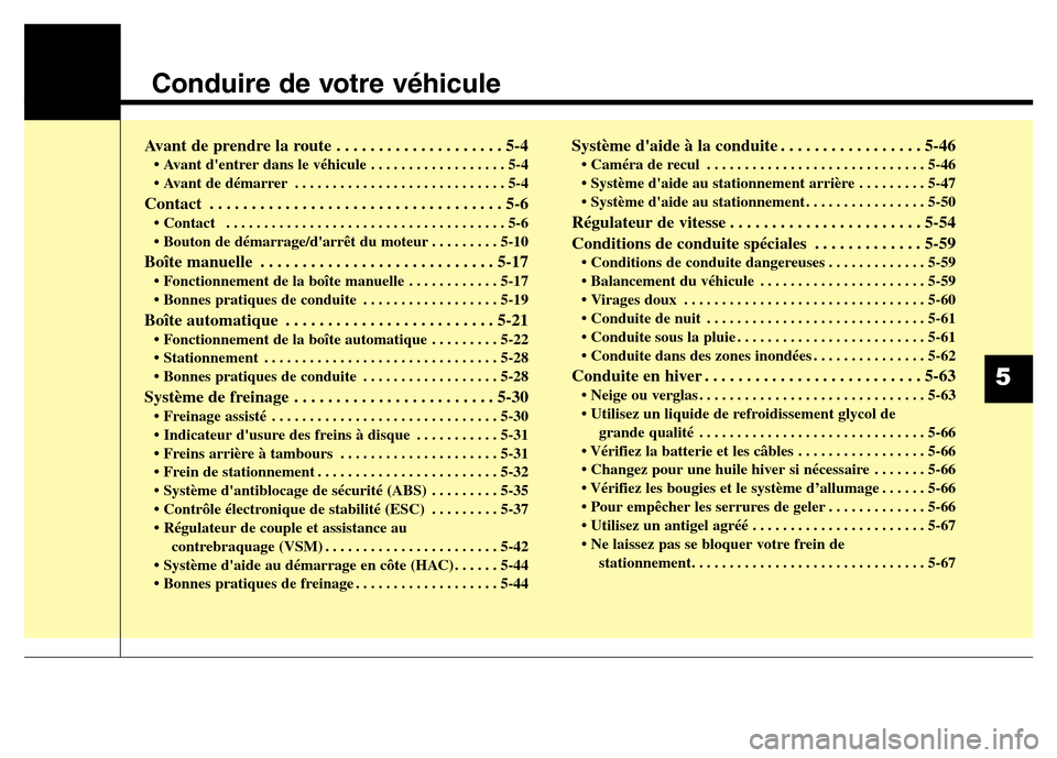 Hyundai Elantra 2014 Manuel du propriétaire (in French) Conduire de votre véhicule
Avant de prendre la route . . . . . . . . . . . . . . . . . . . . 5-4
• Avant dentrer dans le véhicule . . . . . . . . . . . . . . . . . . 5-4
• Avant de démarrer . Hyundai Elantra 2014 Manuel du propriétaire (in French) Conduire de votre véhicule
Avant de prendre la route . . . . . . . . . . . . . . . . . . . . 5-4
• Avant dentrer dans le véhicule . . . . . . . . . . . . . . . . . . 5-4
• Avant de démarrer .