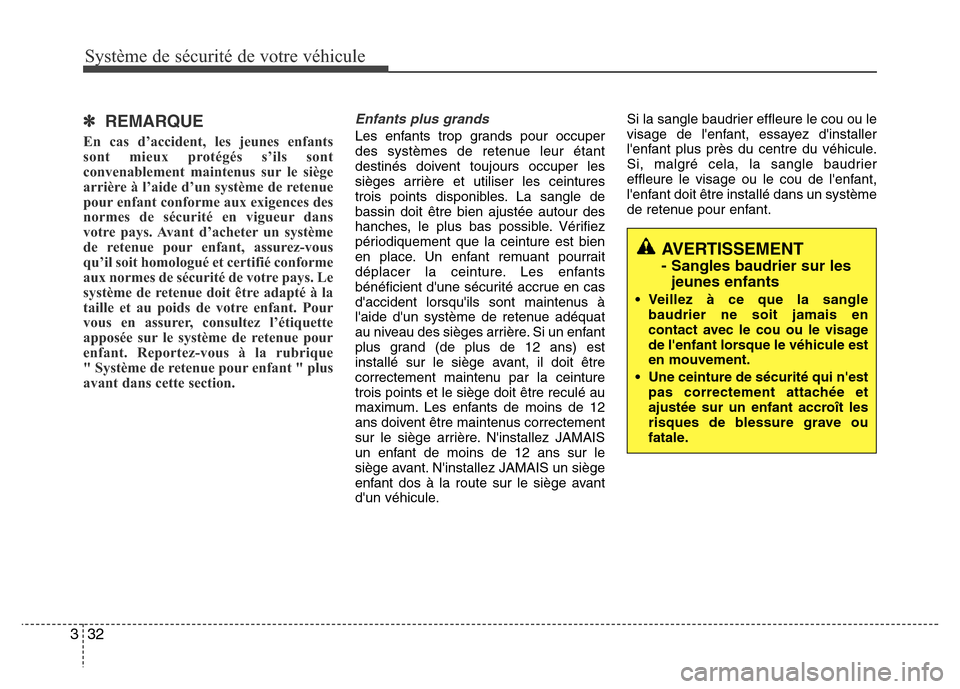 Hyundai Elantra 2014 Manuel du propriétaire (in French) Système de sécurité de votre véhicule
32 3
✽ REMARQUE
En cas d’accident, les jeunes enfants
sont mieux protégés s’ils sont
convenablement maintenus sur le siège
arrière à l’aide d Hyundai Elantra 2014 Manuel du propriétaire (in French) Système de sécurité de votre véhicule
32 3
✽ REMARQUE
En cas d’accident, les jeunes enfants
sont mieux protégés s’ils sont
convenablement maintenus sur le siège
arrière à l’aide d