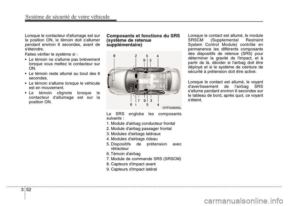 Hyundai Elantra 2014 Manuel du propriétaire (in French) Système de sécurité de votre véhicule
52 3
Lorsque le contacteur dallumage est sur
la position ON, le témoin doit sallumer
pendant environ 6 secondes, avant de
séteindre.
Faites vérifier le Hyundai Elantra 2014 Manuel du propriétaire (in French) Système de sécurité de votre véhicule
52 3
Lorsque le contacteur dallumage est sur
la position ON, le témoin doit sallumer
pendant environ 6 secondes, avant de
séteindre.
Faites vérifier le