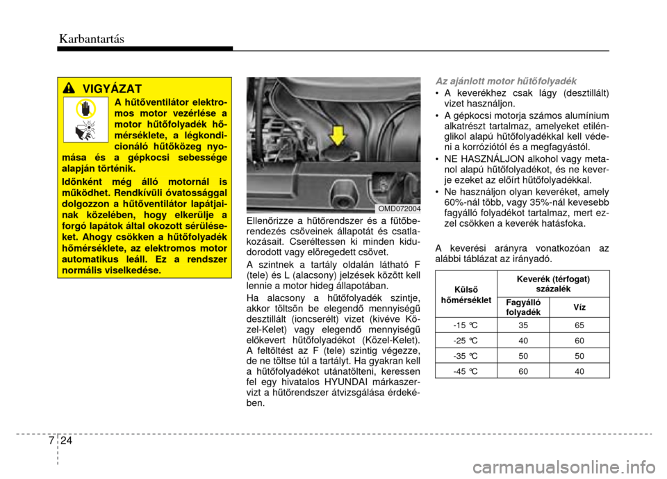 Hyundai Elantra 2014 Kezelési útmutató (in Hungarian) 7 24 Karbantartás
VIGYÁZAT
A hűtő ventilátor elektro-mos motor vezérlése a motor h űtő folyadék h ő-mérséklete, a légkondi-cionáló h űtő közeg nyo-
mása és a gépkocsi sebes Hyundai Elantra 2014 Kezelési útmutató (in Hungarian) 7 24 Karbantartás
VIGYÁZAT
A hűtő ventilátor elektro-mos motor vezérlése a motor h űtő folyadék h ő-mérséklete, a légkondi-cionáló h űtő közeg nyo-
mása és a gépkocsi sebes