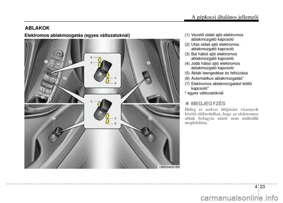 Hyundai Elantra 2014  Kezelési útmutató (in Hungarian) 4  23
A gépkocsi általános jellemzői
 
 
 Elektromos ablakmozgatás (egyes változatoknál)
 
 
 (1) Vezető oldali ajtó elektromos 
ablakmozgató kapcsoló 
(2)  Utas oldali ajtó elektromos  ab