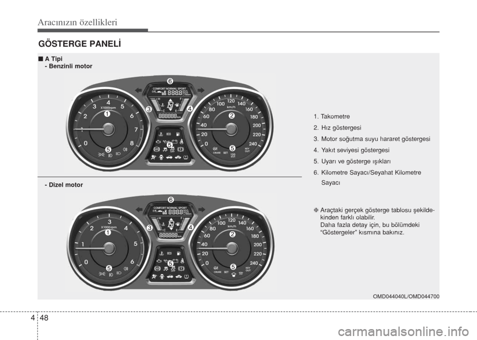 Hyundai Elantra 2014  Kullanım Kılavuzu (in Turkish) Aracınızın özellikleri
48 4
GÖSTERGE PANELİ
1. Takometre
2. Hız göstergesi
3. Motor soğutma suyu hararet göstergesi
4. Yakıt seviyesi göstergesi
5. Uyarı ve gösterge ışıkları
6. Kilo