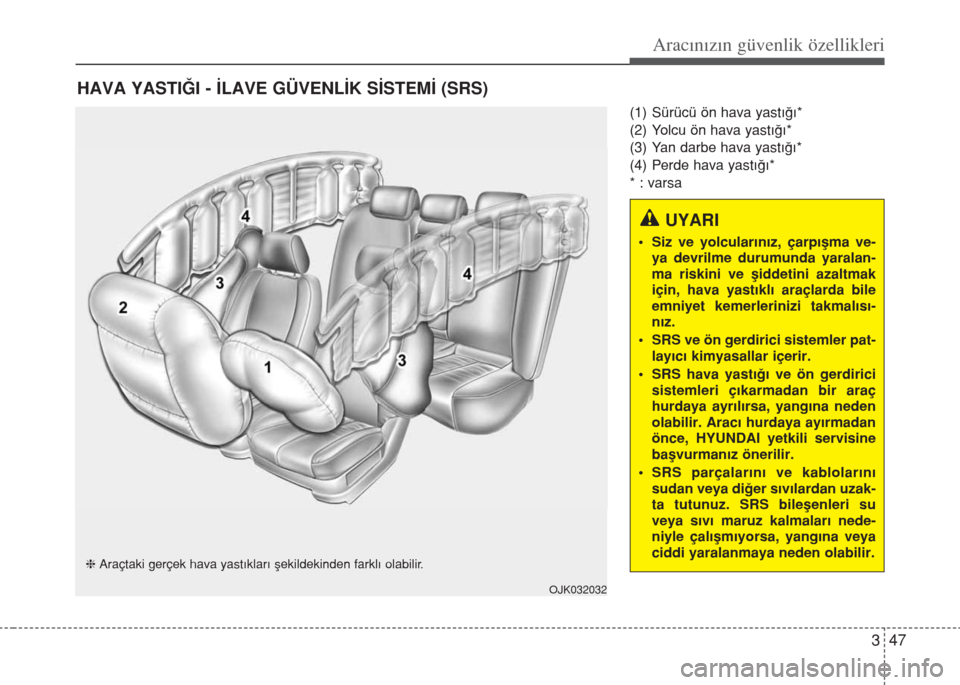 Hyundai Elantra 2014  Kullanım Kılavuzu (in Turkish) 347
Aracınızın güvenlik özellikleri
(1) Sürücü ön hava yastığı*
(2) Yolcu ön hava yastığı*
(3) Yan darbe hava yastığı*
(4) Perde hava yastığı*
* : varsa
HAVA YASTIĞI - İLAVE G Hyundai Elantra 2014  Kullanım Kılavuzu (in Turkish) 347
Aracınızın güvenlik özellikleri
(1) Sürücü ön hava yastığı*
(2) Yolcu ön hava yastığı*
(3) Yan darbe hava yastığı*
(4) Perde hava yastığı*
* : varsa
HAVA YASTIĞI - İLAVE G