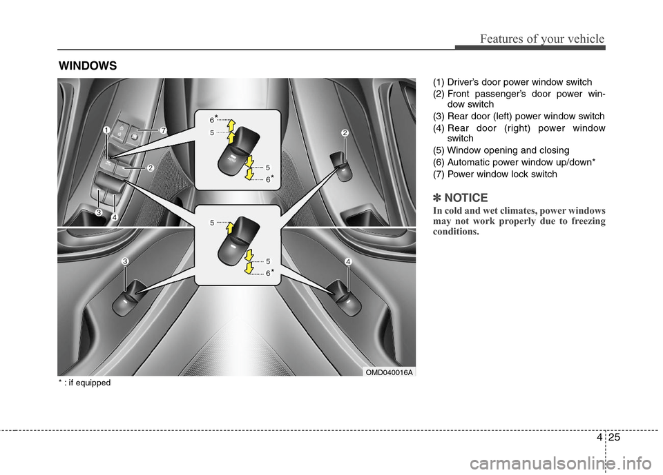 Hyundai Elantra 2013  Owners Manual 425
Features of your vehicle
(1) Driver’s door power window switch
(2) Front passenger’s door power win-
dow switch
(3) Rear door (left) power window switch
(4) Rear door (right) power window
swit