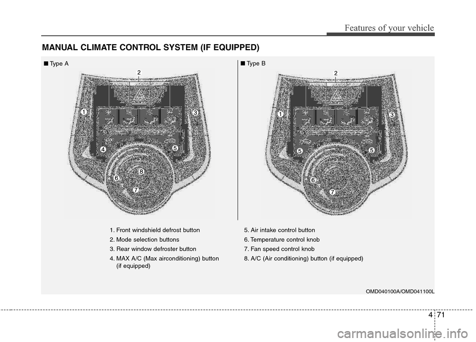 Hyundai Elantra 2013 Owners Manual 471
Features of your vehicle
MANUAL CLIMATE CONTROL SYSTEM (IF EQUIPPED)
1. Front windshield defrost button
2. Mode selection buttons
3. Rear window defroster button
4. MAX A/C (Max airconditioning) b Hyundai Elantra 2013 Owners Manual 471
Features of your vehicle
MANUAL CLIMATE CONTROL SYSTEM (IF EQUIPPED)
1. Front windshield defrost button
2. Mode selection buttons
3. Rear window defroster button
4. MAX A/C (Max airconditioning) b