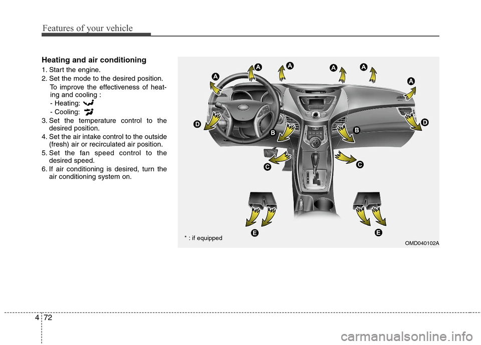 Hyundai Elantra 2013 Owners Manual Features of your vehicle
72 4
Heating and air conditioning
1. Start the engine.
2. Set the mode to the desired position.
To improve the effectiveness of heat-
ing and cooling :
- Heating:
- Cooling:
3 Hyundai Elantra 2013 Owners Manual Features of your vehicle
72 4
Heating and air conditioning
1. Start the engine.
2. Set the mode to the desired position.
To improve the effectiveness of heat-
ing and cooling :
- Heating:
- Cooling:
3