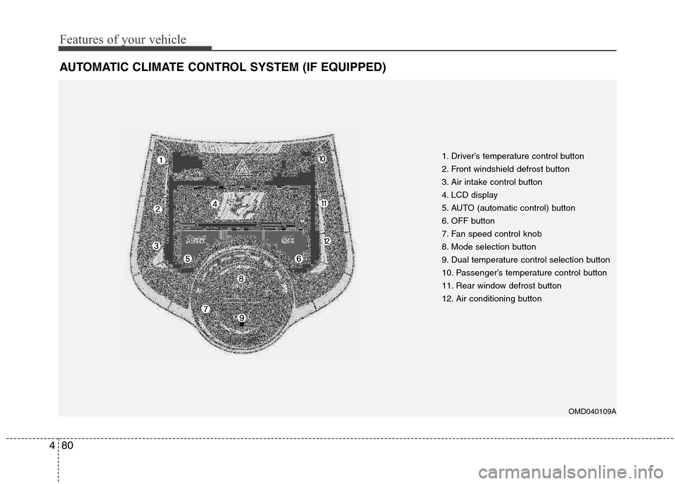 Hyundai Elantra 2013 Owners Manual Features of your vehicle
80 4
AUTOMATIC CLIMATE CONTROL SYSTEM (IF EQUIPPED)
1. Driver’s temperature control button
2. Front windshield defrost button
3. Air intake control button
4. LCD display
5. Hyundai Elantra 2013 Owners Manual Features of your vehicle
80 4
AUTOMATIC CLIMATE CONTROL SYSTEM (IF EQUIPPED)
1. Driver’s temperature control button
2. Front windshield defrost button
3. Air intake control button
4. LCD display
5.