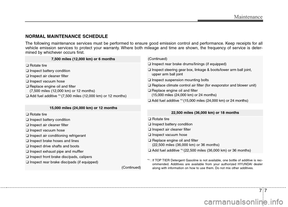 Hyundai Elantra 2013 Owners Manual 77
Maintenance
NORMAL MAINTENANCE SCHEDULE
The following maintenance services must be performed to ensure good emission control and performance. Keep receipts for all
vehicle emission services to prot Hyundai Elantra 2013 Owners Manual 77
Maintenance
NORMAL MAINTENANCE SCHEDULE
The following maintenance services must be performed to ensure good emission control and performance. Keep receipts for all
vehicle emission services to prot