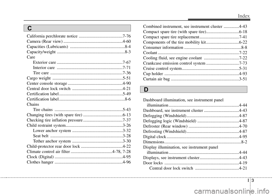 Hyundai Elantra 2013  Owners Manual I3
Index
California perchlorate notice ........................................7-76
Camera (Rear view) ......................................................4-60
Capacities (Lubricants) ..............