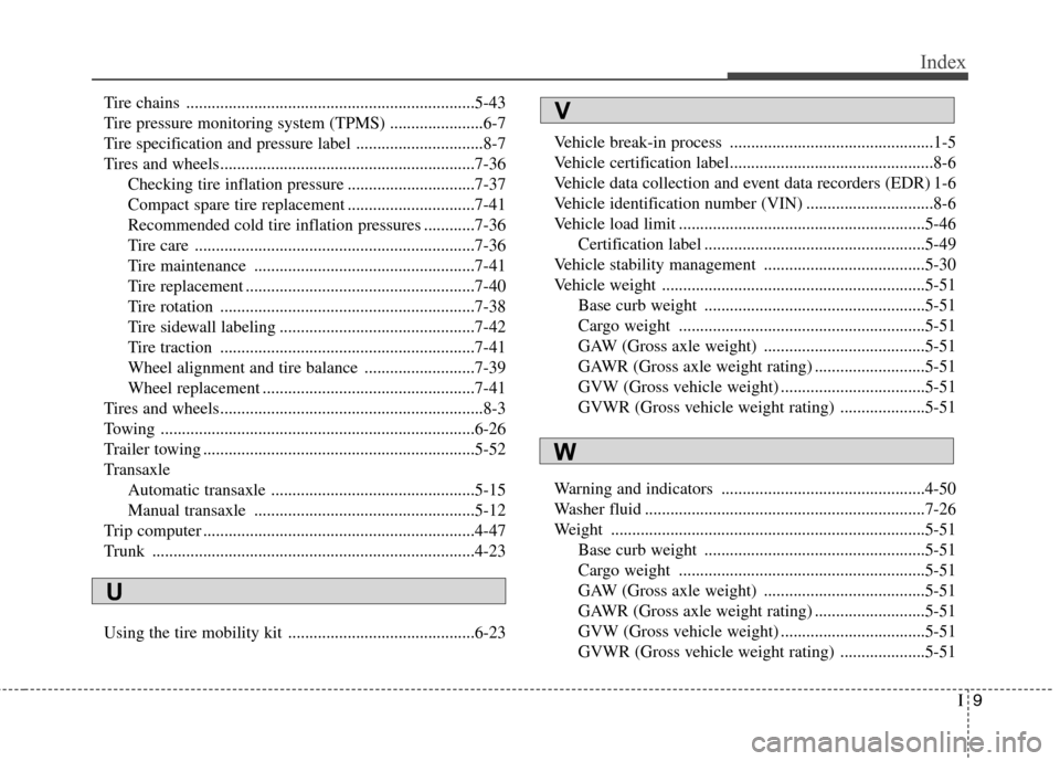 Hyundai Elantra 2013  Owners Manual I9
Index
Tire chains ....................................................................5-43
Tire pressure monitoring system (TPMS) ......................6-7
Tire specification and pressure label ...