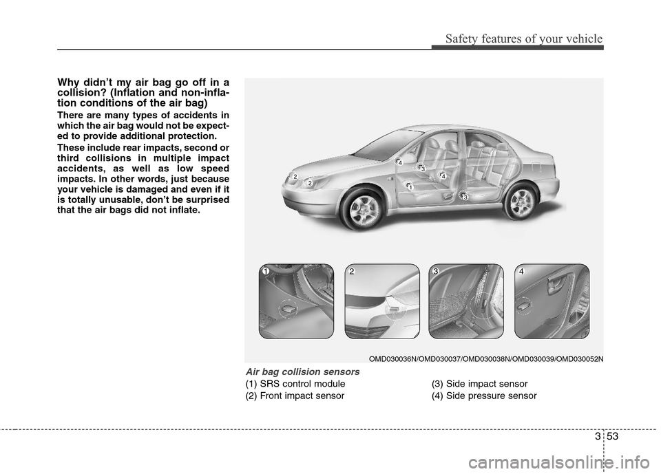 Hyundai Elantra 2013  Owners Manual 353
Safety features of your vehicle
Why didn’t my air bag go off in a
collision? (Inflation and non-infla-
tion conditions of the air bag)
There are many types of accidents in
which the air bag woul