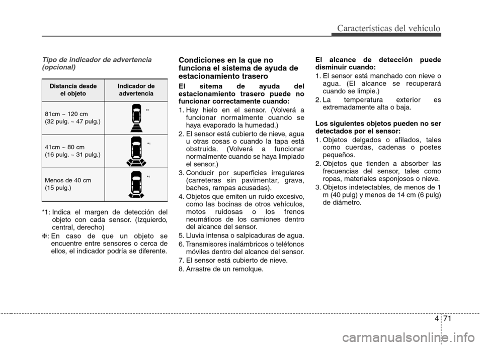 Hyundai Elantra 2013  Manual del propietario (in Spanish) 471
Características del vehículo
Tipo de indicador de advertencia (opcional)
*1: Indica el margen de detección del objeto con cada sensor. (Izquierdo, 
central, derecho)
❈ : En caso de que un obj