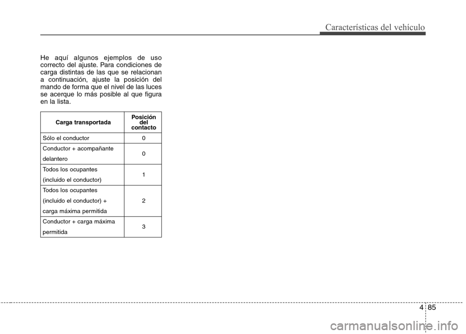 Hyundai Elantra 2013  Manual del propietario (in Spanish) 485
Características del vehículo
He aquí algunos ejemplos de uso 
correcto del ajuste. Para condiciones decarga distintas de las que se relacionan
a continuación, ajuste la posición del
mando de 