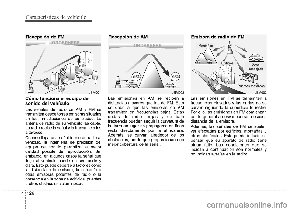 Hyundai Elantra 2013  Manual del propietario (in Spanish) Características de vehículo
126
4
Cómo funciona el equipo de sonido del vehículo 
Las señales de radio de AM y FM se 
transmiten desde torres emisoras situadas
en las inmediaciones de su ciudad. 