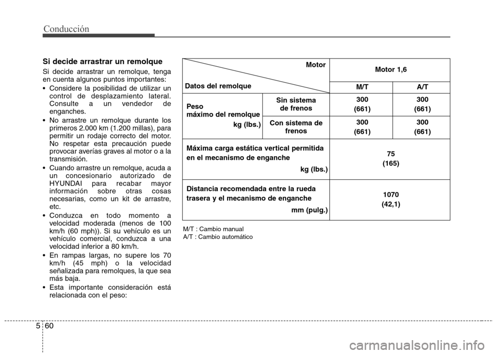 Hyundai Elantra 2013  Manual del propietario (in Spanish) Conducción
60
5
Si decide arrastrar un remolque   
Si decide arrastrar un remolque, tenga 
en cuenta algunos puntos importantes: 
 Considere la posibilidad de utilizar un
control de desplazamiento la