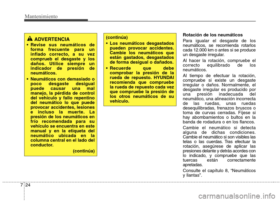 Hyundai Elantra 2013  Manual del propietario (in Spanish) Mantenimiento
24
7
Rotación de los neumáticos 
Para igualar el desgaste de los 
neumáticos, se recomienda rotarloscada 12.000 km o antes si se produce
un desgaste irregular. 
Al hacer la rotación,