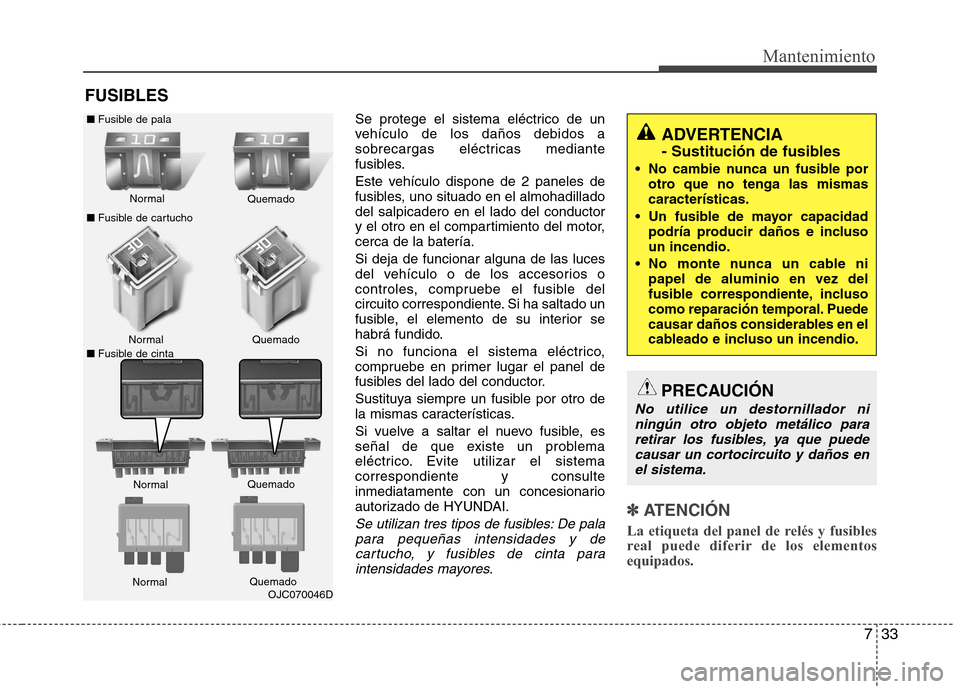 Hyundai Elantra 2013  Manual del propietario (in Spanish) 733
Mantenimiento
FUSIBLESSe protege el sistema eléctrico de un 
vehículo de los daños debidos a
sobrecargas eléctricas mediante
fusibles. 
Este vehículo dispone de 2 paneles de 
fusibles, uno si