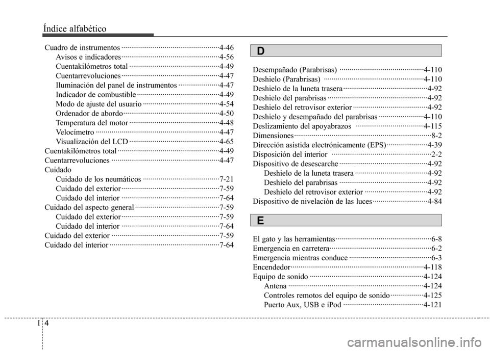 Hyundai Elantra 2013 Manual del propietario (in Spanish) Índice alfabético
4
I
Cuadro de instrumentos ··················································4-46
Avisos e indicadores·············· Hyundai Elantra 2013 Manual del propietario (in Spanish) Índice alfabético
4
I
Cuadro de instrumentos ··················································4-46
Avisos e indicadores··············