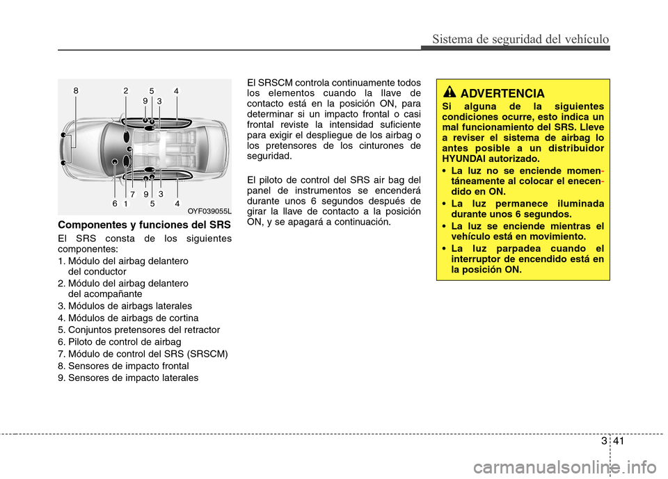Hyundai Elantra 2013  Manual del propietario (in Spanish) 341
Sistema de seguridad del vehículo
Componentes y funciones del SRS
El SRS consta de los siguientes componentes: 
1. Módulo del airbag delantero del conductor
2. Módulo del airbag delantero  del 