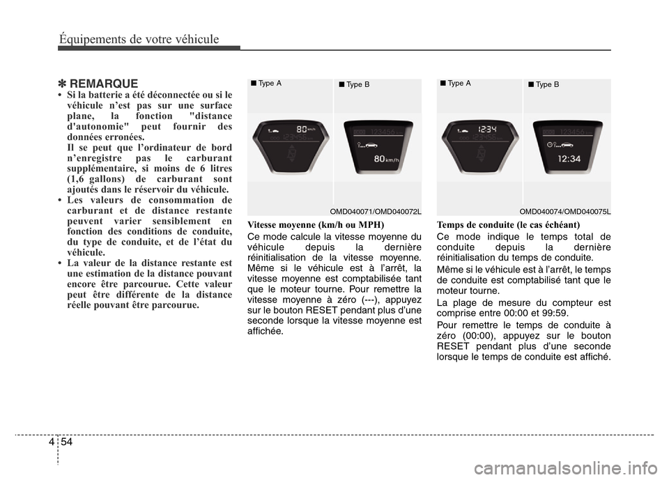 Hyundai Elantra 2013 Manuel du propriétaire (in French) Équipements de votre véhicule
54 4
✽ REMARQUE• Si la batterie a été déconnectée ou si le
véhicule n’est pas sur une surface
plane, la fonction "distance
dautonomie" peut fournir des
donn Hyundai Elantra 2013 Manuel du propriétaire (in French) Équipements de votre véhicule
54 4
✽ REMARQUE• Si la batterie a été déconnectée ou si le
véhicule n’est pas sur une surface
plane, la fonction "distance
dautonomie" peut fournir des
donn