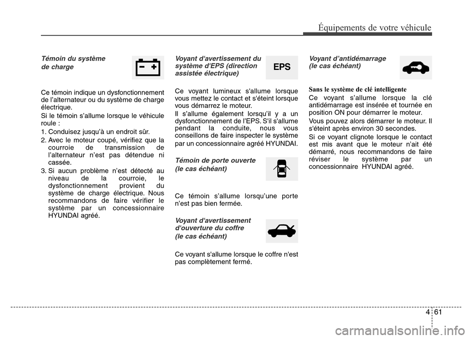 Hyundai Elantra 2013 Manuel du propriétaire (in French) 461
Équipements de votre véhicule
Témoin du système
de charge
Ce témoin indique un dysfonctionnement
de l’alternateur ou du système de charge
électrique.
Si le témoin s’allume lorsque le Hyundai Elantra 2013 Manuel du propriétaire (in French) 461
Équipements de votre véhicule
Témoin du système
de charge
Ce témoin indique un dysfonctionnement
de l’alternateur ou du système de charge
électrique.
Si le témoin s’allume lorsque le