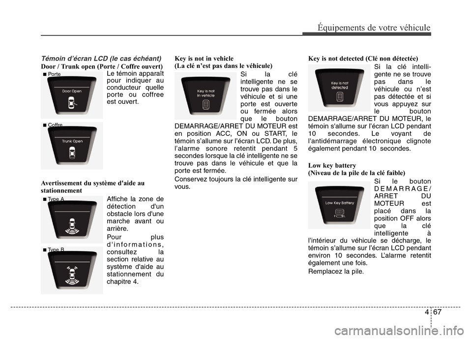 Hyundai Elantra 2013 Manuel du propriétaire (in French) 467
Équipements de votre véhicule
Témoin d’écran LCD (le cas échéant)
Door / Trunk open (Porte / Coffre ouvert)
Le témoin apparaît
pour indiquer au
conducteur quelle
porte ou coffree
est ouv Hyundai Elantra 2013 Manuel du propriétaire (in French) 467
Équipements de votre véhicule
Témoin d’écran LCD (le cas échéant)
Door / Trunk open (Porte / Coffre ouvert)
Le témoin apparaît
pour indiquer au
conducteur quelle
porte ou coffree
est ouv