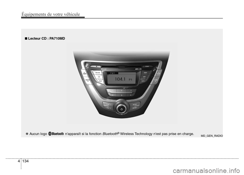 Hyundai Elantra 2013  Manuel du propriétaire (in French) Équipements de votre véhicule
134 4
■ Lecteur CD : PA710MD
MD_GEN_RADIO❋Aucun logo  napparaît si la fonction Bluetooth®Wireless Technology nest pas prise en charge. 