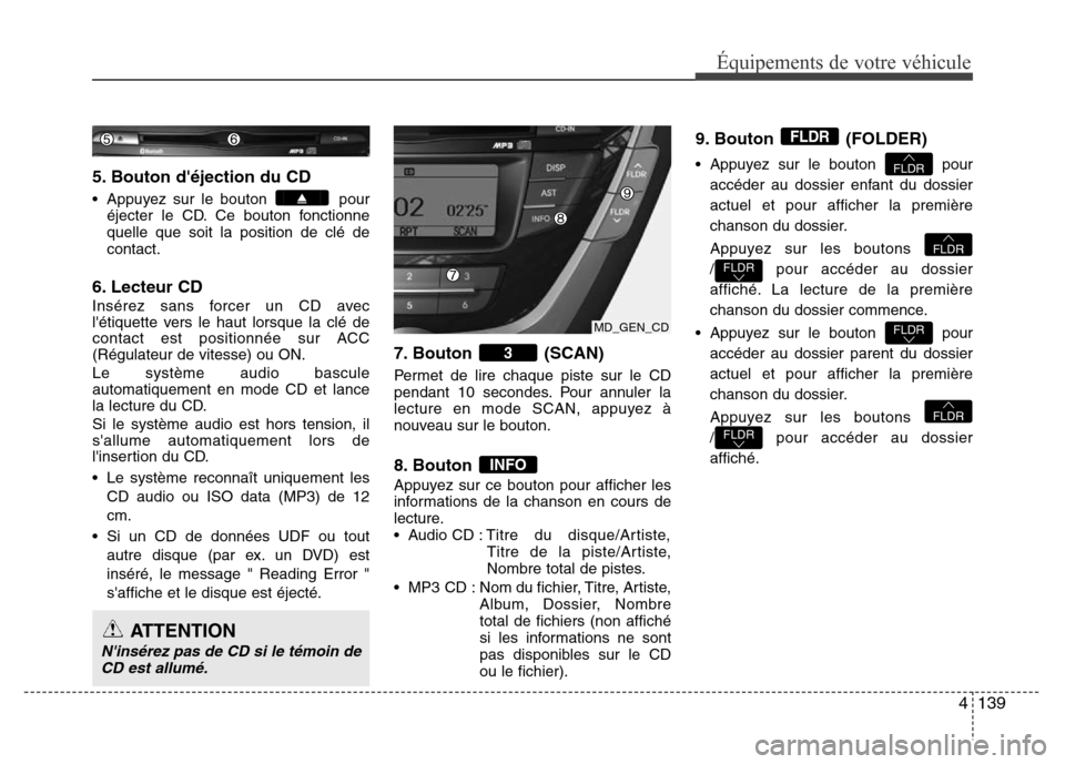 Hyundai Elantra 2013 Manuel du propriétaire (in French) 4139
Équipements de votre véhicule
5. Bouton déjection du CD
• Appuyez sur le bouton pour
éjecter le CD. Ce bouton fonctionne
quelle que soit la position de clé de
contact.
6. Lecteur CD
Ins Hyundai Elantra 2013 Manuel du propriétaire (in French) 4139
Équipements de votre véhicule
5. Bouton déjection du CD
• Appuyez sur le bouton pour
éjecter le CD. Ce bouton fonctionne
quelle que soit la position de clé de
contact.
6. Lecteur CD
Ins